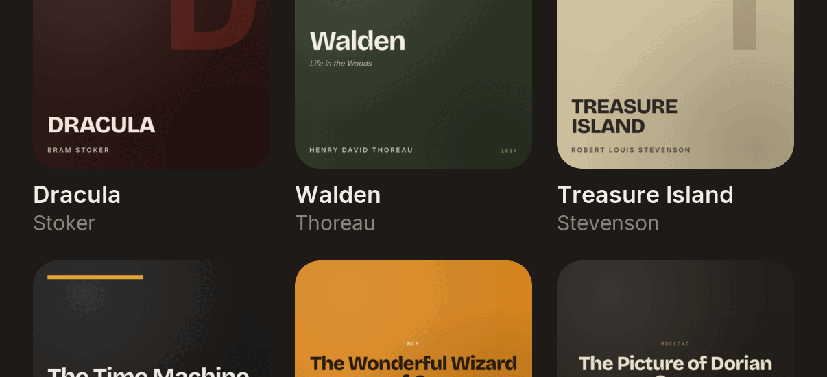 The Liberra library — a shelf of classic audiobooks with cover art and reading progress